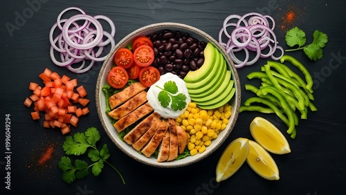 Delicious and healthy bowl of food with various ingredients arranged