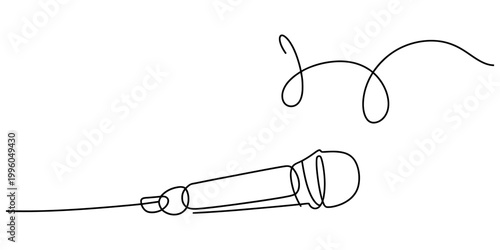 Minimalist continuous line art design representing a simple handheld microphone for podcasting and vocal music Vector, illustration