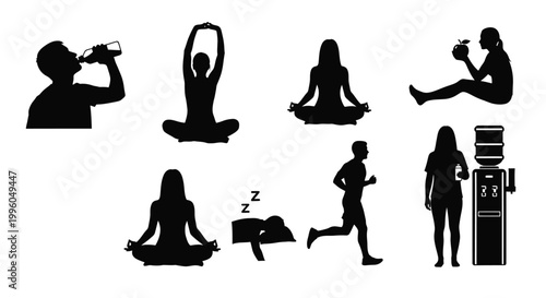People engage in healthy habits like drinking, yoga, meditation, eating, running, and sleeping.