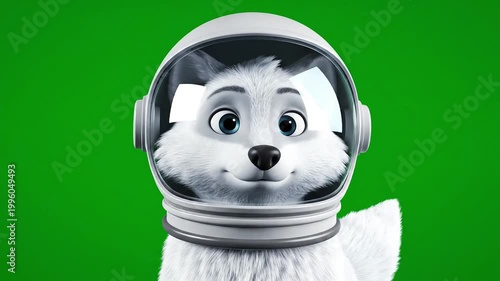 A cute white arctic fox wearing a grey astronaut helmet with a clear visor against a green screen background.