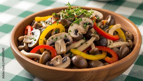Delicious sautéed mushrooms and bell peppers in a wooden bowl