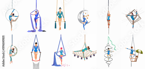 Collection of flat vector illustrations depicting various aerial circus performers and acrobats on hoops, silks, trapeze, and unique aerial structures.