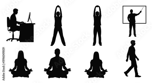 People silhouette figures doing office work yoga exercise meditation and presentation.
