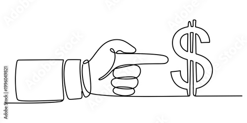 A single continuous line drawing of a human hand pointing towards a large dollar sign symbol on a white background Vector, illustration
