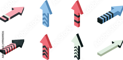 Colorful 3D Arrow Set with Various Directions, Shapes, and Designs for Navigation, UI Elements, and Graphics