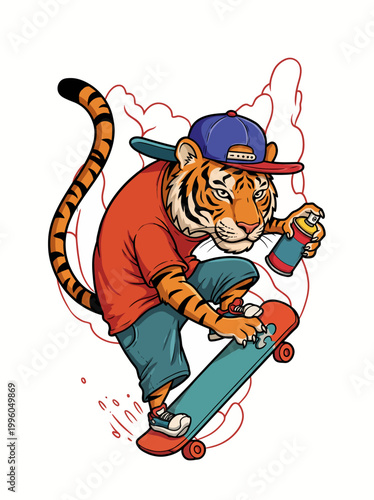 Tiger wearing a cap skateboarding.