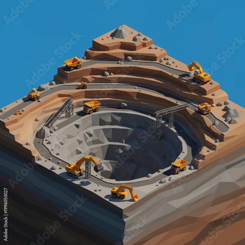Open Pit Mine With Heavy Machinery Working.