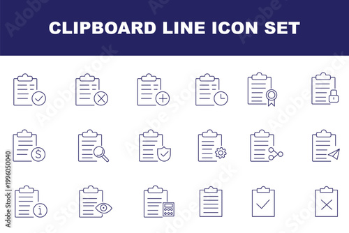 Clipboard web icons in line style. Checklist, report, petition, survey, collection. Editable stroke. Vector illustration.