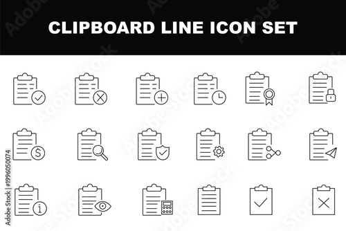 Clipboard and checklist with check boxes thin line icons set. Editable stroke. Vector illustration