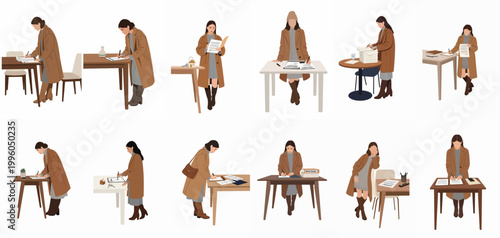 Set of illustrations showing a professional woman signing contracts, mortgage papers, and legal documents in various business and real estate scenarios.