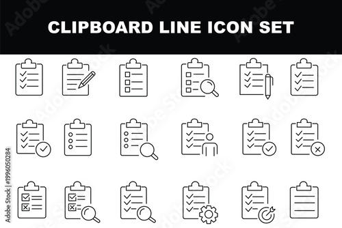 Clipboard Checklist document icon vector. Clipboard icon set. Checklist on the clipboard line icon.