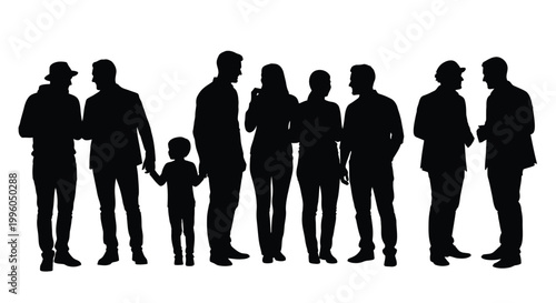 Group of diverse people standing and talking together in casual clothing silhouettes.