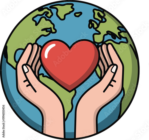 Hands cradling red heart over planet earth illustration, vector concept for global care, love for humanity, environmental protection and world unity design elements.