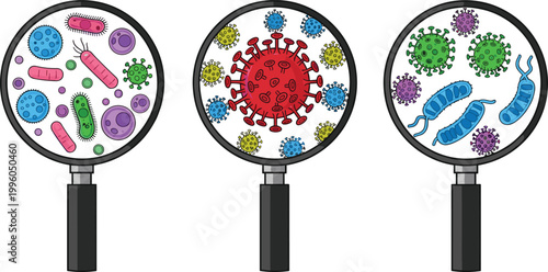Microorganisms and Viruses Magnified in Magnifying Glass Concept Illustration