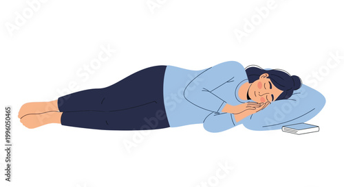 Cute woman sleeping peacefully on soft pillow in bed during night rest illustration.