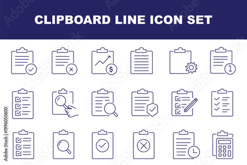 Clipboard solid icon set. Paper documents, File, Document symbol. Blue icons collection.