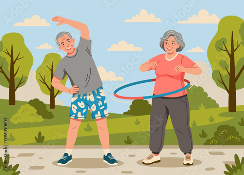 Active  seniors exercising in city park - elderly couple doing hula hoop and stretching flat vector illustration