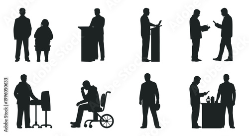 Business people silhouettes interacting in office environment collection of vectors.