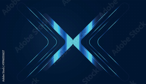 Two sets of blue neon chevrons converge at a central point, symbolizing a high-speed digital transfer within a global business network. business graphic features an arrow-like design