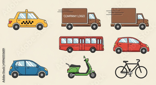 Collection of diverse vehicles including cars trucks bus scooter and bicycle.