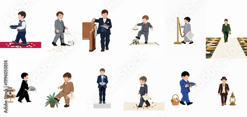 Collection of 12 flat illustrations of young ring bearers and page boys in formal suits for a wedding ceremony.