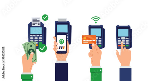 Illustration of various payment methods with hands holding cash, card, and phone near card readers on a white background.