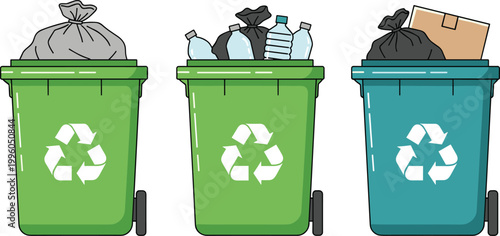 Three colorful recycling bins with garbage bags plastic bottles and cardboard box for eco-friendly waste sorting and management vector illustration