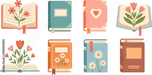 Floral Book Illustration Set with Colorful Covers, Open Books with Flower Designs, Decorative Elements for Stationery, Branding, and Digital Graphics