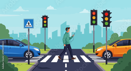 Man crossing a city street with traffic lights and cars on a sunny day