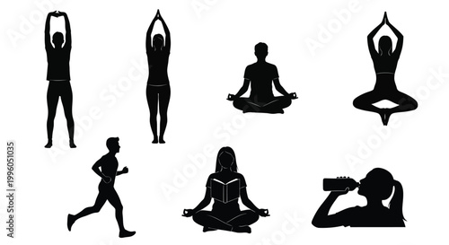 Collection of people silhouettes exercising practicing yoga and reading on white.