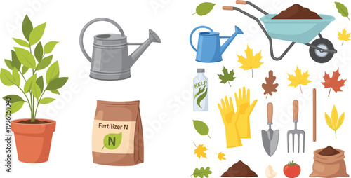 Colorful gardening tools set with potted plant watering can fertilizer wheelbarrow gloves trowel and autumn leaves flat vector illustration