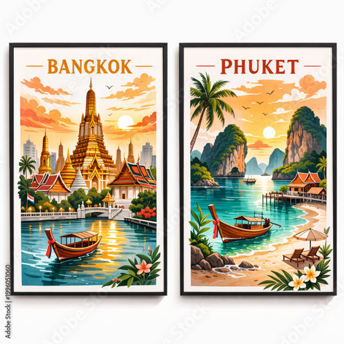 Bangkok and Phuket Travel Posters with Iconic Landmarks and Tropical Scenery, Vector Illustration