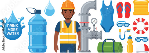 Water themed vector set with worker pipeline bottle swimwear goggles flipflops lifebuoy and drink more water message flat illustration