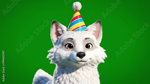 Cute animated white arctic fox wearing a colorful party hat on a green screen background.