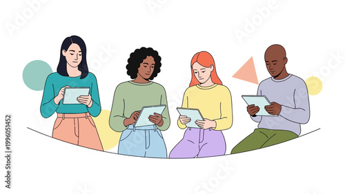 Fényképezés Digital Age Connection: A diverse group of people absorbed in their digital tablets, signifying modern connectivity and shared experience