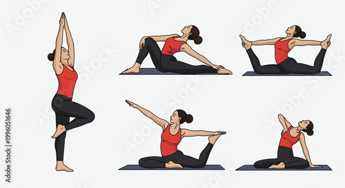 Woman performing series of yoga exercises isolated on light grey background studio.