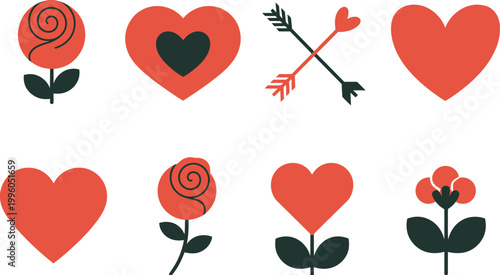 Red heart and rose floral pattern with arrow flower, vector illustration for romantic design, love symbol, floral decoration and Valentine’s themed pattern artwork.