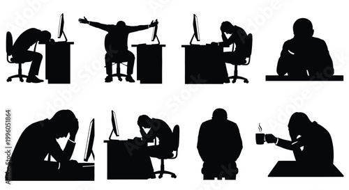 Silhouettes of office workers dealing with stress exhaustion and heavy workloads.
