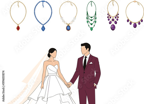 Elegant wedding couple holding hands with luxury gemstone necklace jewelry collection for bridal fashion and accessories flat vector illustration