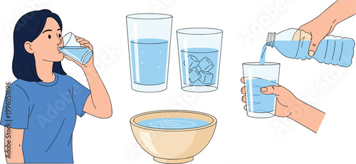 Young woman drinking water with glasses ice cubes bowl and hand pouring water from bottle healthy hydration flat vector illustration