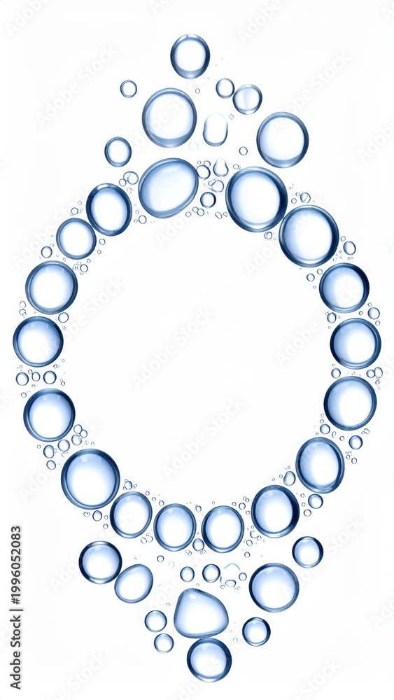 Fototapeta premium Abstract image of water droplets forming a circular pattern on a white background, showcasing reflections and shadows.