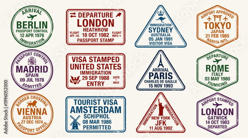 Germany immigration stamp collection. Vintage travel badges with arrival departure and approved signs. Retro airport passport style