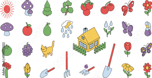 Gardening and Spring Icons Set with Flowers, Fruits, Tools, Butterfly, House, and Seasonal Elements for Home, Garden, and Outdoor Graphics