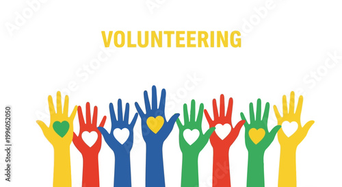 Colorful illustration of raised hands with hearts in palms for volunteering against a white background