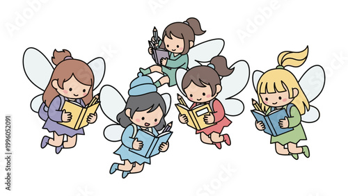 фотографія Enchanted Reading Fairies: A group of whimsical fairies, with delicate wings and cheerful smiles, are immersed in the enchanting world of books, each holding a tome and pencil