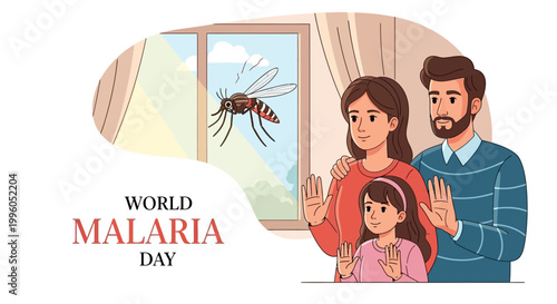 A family raises their hands to prevent mosquito bites in this World Malaria Day illustration, which promotes public health awareness and features a large mosquito near a window