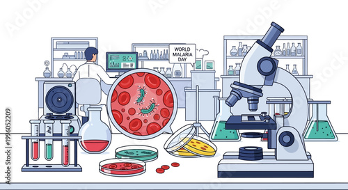 A vector illustration representing global health, featuring lab equipment and a blood sample with malaria parasites, set against a blurred laboratory background, promoting infectious