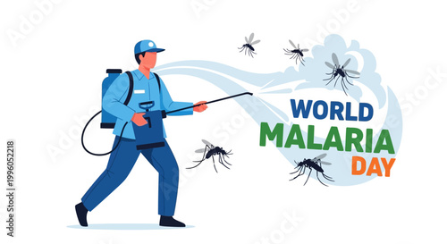 A healthcare worker sprays insecticide in a vector illustration for World Malaria Day, aiming to control mosquito disease with a public health awareness campaign against malaria parasites