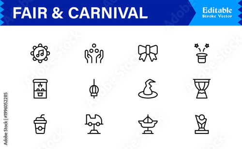 Fair and Carnival line icon set featuring professional, minimal, editable vector icons themed around festivals, amusement parks, carnival rides, booths, and fun activities.
