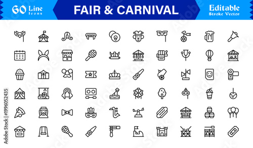 Fair and Carnival line icon set featuring professional, minimal, editable vector icons themed around festivals, amusement parks, carnival rides, booths, and fun activities.
